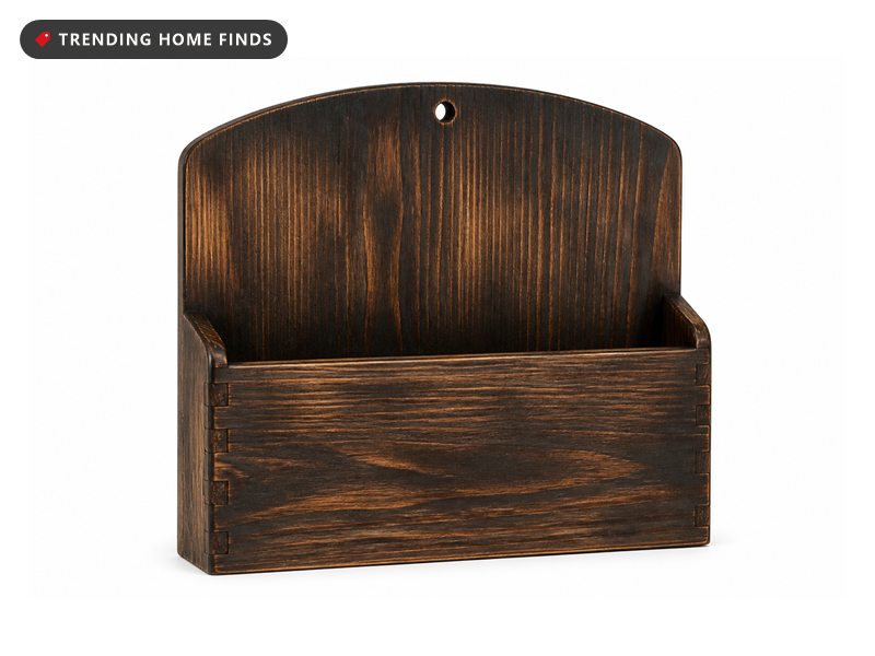 A burnt pine wall magazine rack with an arched back panel.