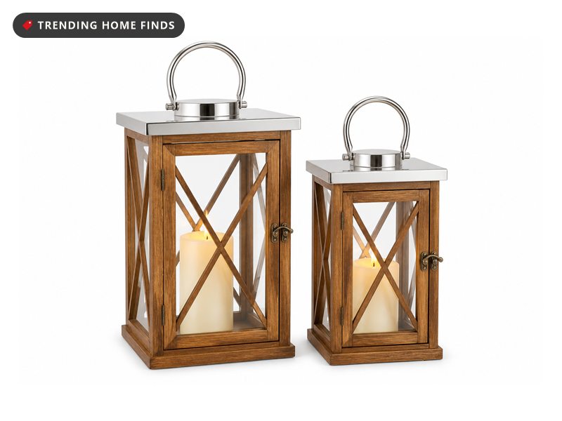 Two stained wood candle lanterns with glass panes and steel tops.