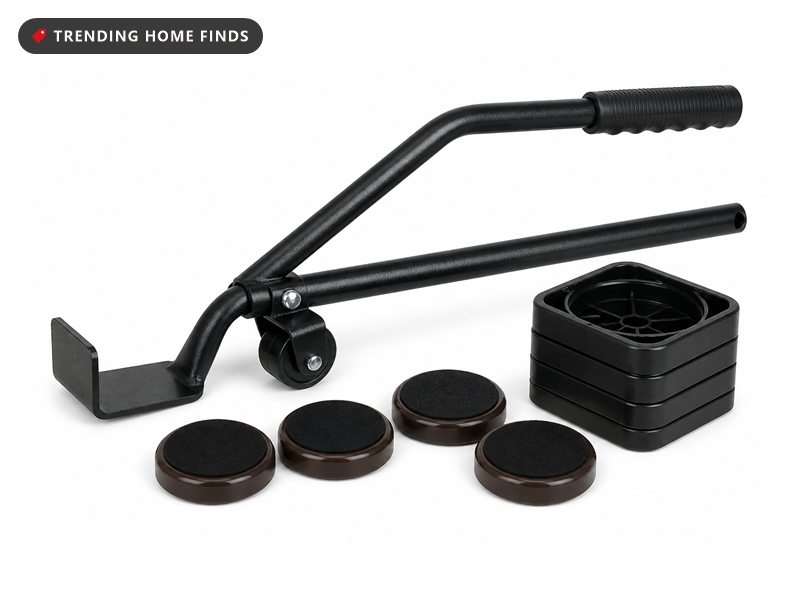 Black steel furniture lifter bar with a caster wheel and L-shaped plate, with stacking height blocks and round felt sliders.