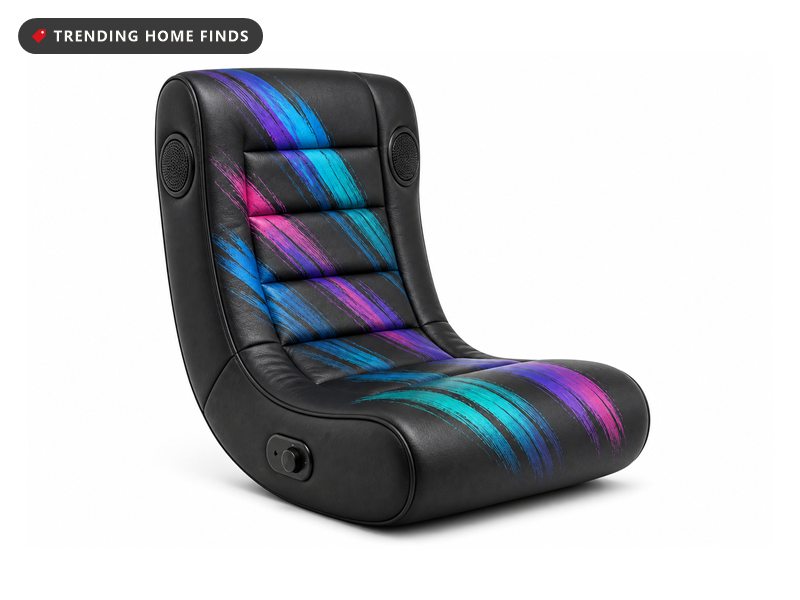 Black legless gaming floor rocker chair with speaker grilles in the back and blue and purple brushstroke graphics.