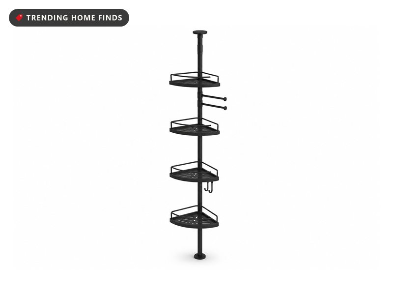 Tall slim black corner caddy on a single pole, carrying four rounded triangular trays, two towel arms and two hooks.
