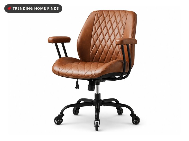 Brown diamond-stitched office chair with black armrests on a five-wheel base