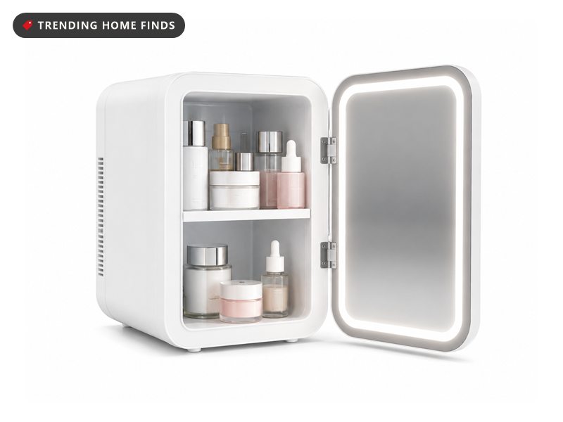 White mini skincare fridge with its LED lit mirror door open, showing skincare bottles and jars on two shelves inside