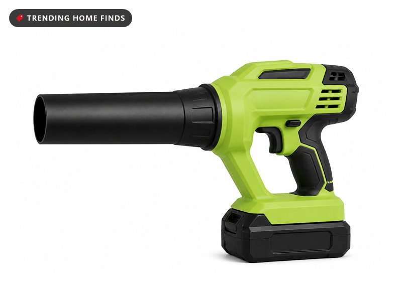 Lime green and black handheld cordless leaf blower with a wide nozzle tube and a clip-in battery pack.