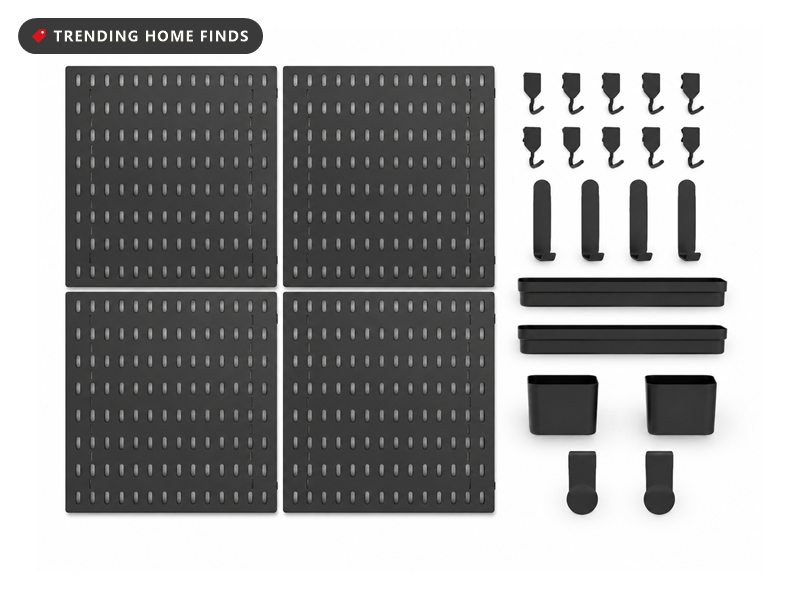 Four black pegboard panels with slotted holes, shown with hooks, shelf trays and cups on a white background